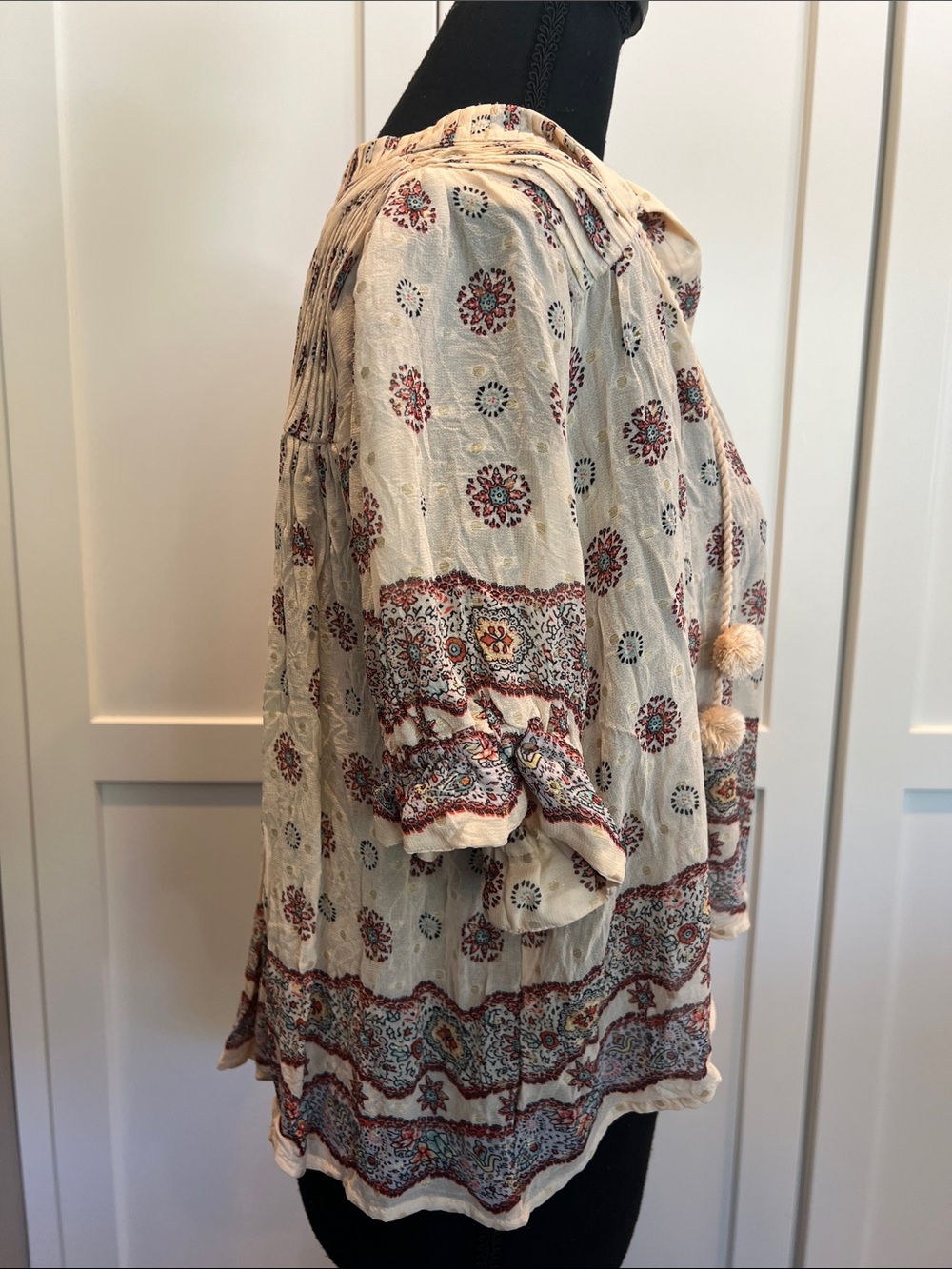 Zara Cream Boho Printed Peasant Blouse with Tassels - Picture 6 of 9